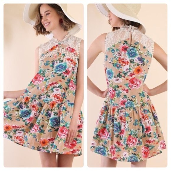Umgee Dresses & Skirts - Umgee | Sleeveless Floral Print High Neck Dress Crochet Yoke Ruffle Hem Brunch